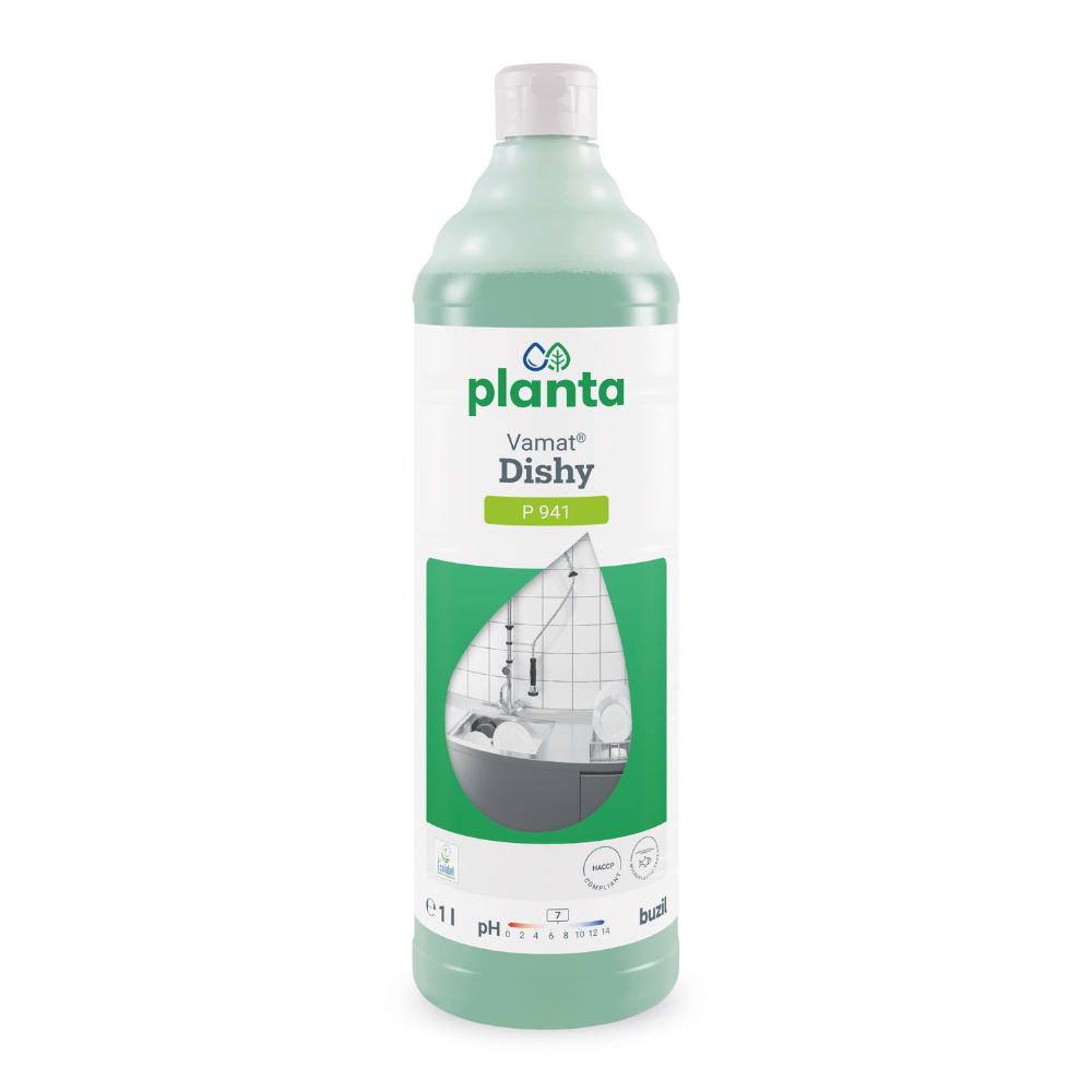 Este prezentată o sticlă de Buzil Vamat® Dishy P 941 Detergent ecologic pentru vase și detergent neutru, evidențiind proprietățile sale ecologice. Eticheta albă cu accente verzi arată o imagine a unei chiuvete de bucătărie și a unui robinet. Conține 1 litru și afișează informații despre intervalul de pH, precum și numele mărcii BUZIL-WERK Wagner GmbH & Co. KG în partea de jos.