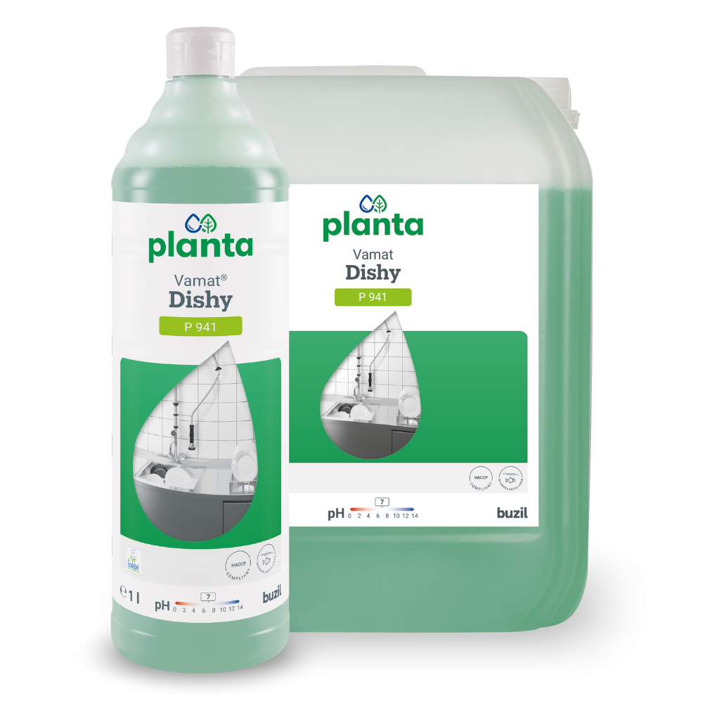 Buzil Vamat® Dishy P 941 Detergent ecologic pentru vase și detergent neutru de la BUZIL-WERK Wagner GmbH & Co. KG este disponibil atât într-o sticlă, cât și într-un container mare cu ambalaj verde și o etichetă albă cu imaginea unei chiuvete de bucătărie. Acest detergent ecologic pentru vase își menține performanța eficientă cu pH-ul său neutru de 7.
