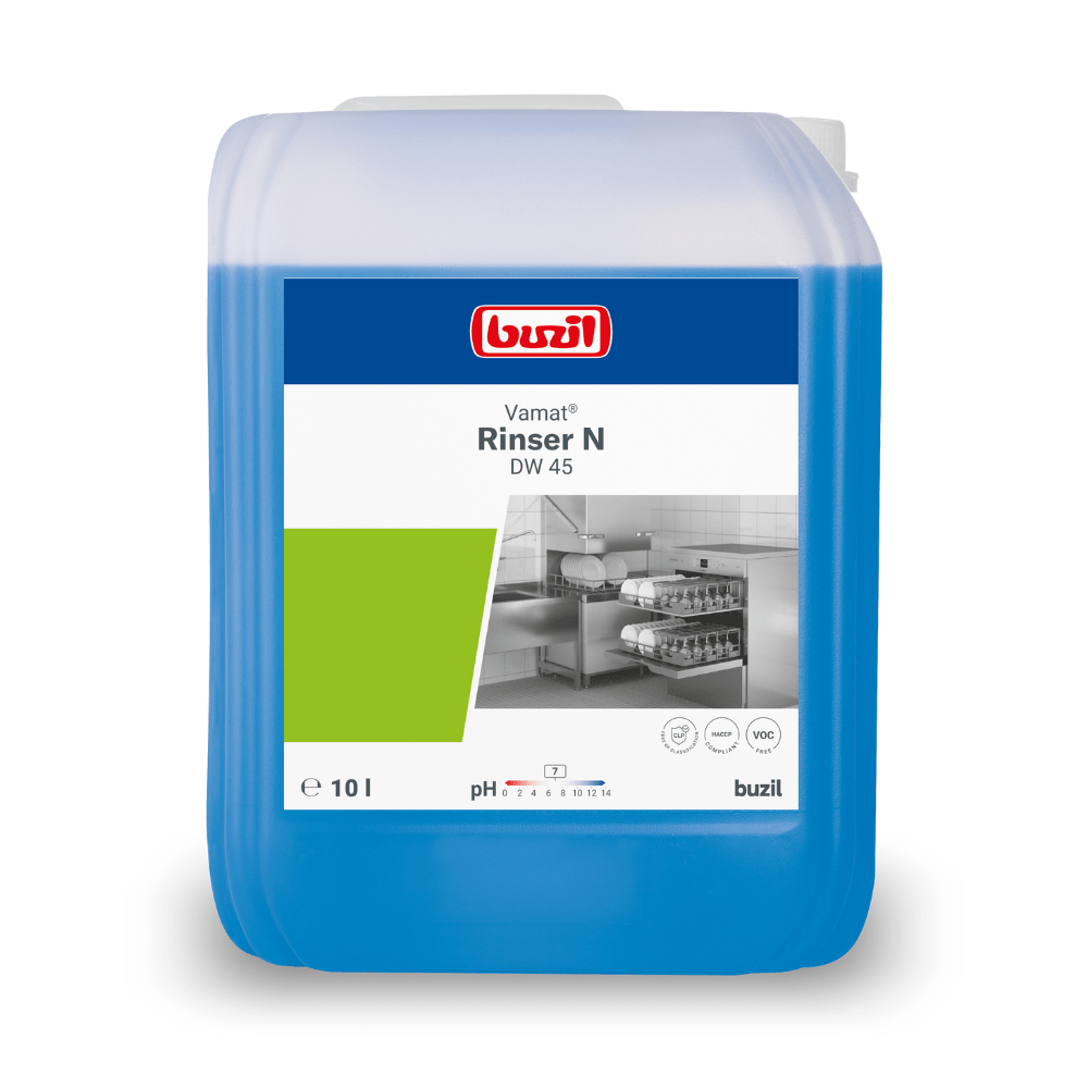Un recipient de 10 litri Buzil Vamat® Rinser N DW 45 Klarspüler, neutru, de la BUZIL-WERK Wagner GmbH & Co. KG este un agent de clătire ecologic pentru vase. Recipientul albastru cu etichetă alb-verde arată imaginea unei bucătării mari cu mașini de spălat vase și este astfel perfect pentru spălarea concentrată în mașinile de spălat vase.