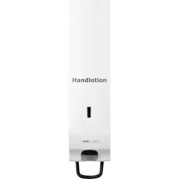 Panoul frontal CWS pentru distribuitorul de spumă de săpun Foam Slim este un panou de perete alb cu inscripția "Loțiune de mâini", care se remarcă printr-un design elegant cu o mică fereastră și o pârghie neagră în partea de jos pentru distribuire.