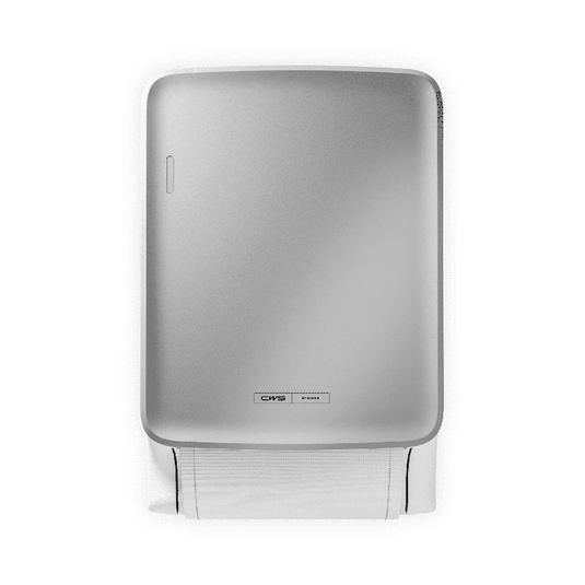 CWS PureLine Dry de la CWS este un distribuitor argintiu, montat pe perete, cu un logo mic în apropierea bazei. Acesta distribuie foi individuale de prosoape de hârtie albe și promovează igiena prin designul său simplu și durabil, pe un fundal sobru.