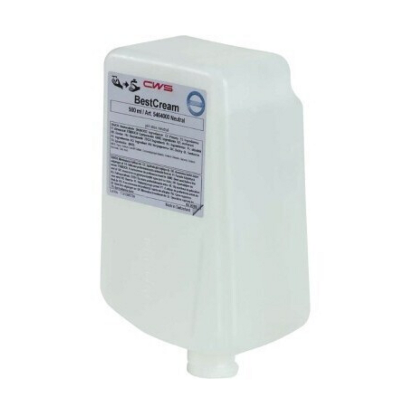 Weiße, rechteckige 500-ml-Flasche CWS Seifencreme BestCream Neutral Nachfüllpack Seife mit Frontetikett und Bodentülle, die zur Abgabe von Creme oder Lotion bestimmt ist.