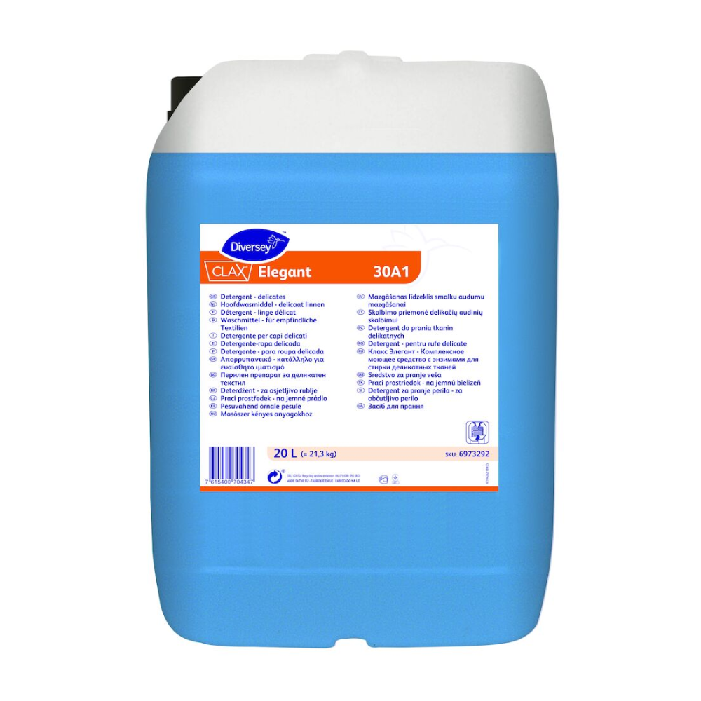 Recipientul alb-albastru cu inscripția „Clax Elegant 30A1” de la Diversey Deutschland GmbH & Co. OHG este un detergent lichid enzimatic pentru spălătorii comerciale, potrivit pentru textile delicate. Recipientul de 20 de litri conține informații detaliate despre produs, instrucțiuni de utilizare și un cod de bare pe partea inferioară.