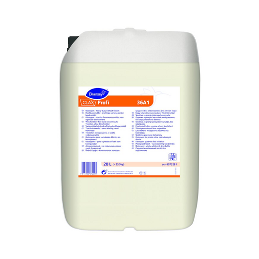 Recipientul alb din plastic poartă eticheta „Clax Profi 36A1” a Diversey Deutschland GmbH & Co. OHG în design albastru-portocaliu. Acest detergent pentru apă moale dispune de informații detaliate despre produs în mai multe limbi și conține 20 de litri de lichid, ideal pentru textile ușor până la mediu murdare.