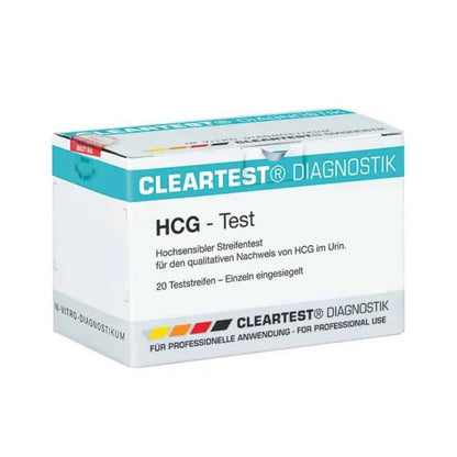 Packung mit Cleartest hCG Schwangerschafts-Teststreifen - 20 Stück von Servoprax GmbH, wobei der Text in Deutsch darauf hinweist, dass es für die qualitative Bestimmung von hCG im Urin gedacht ist und nur für den professionellen Gebrauch bestimmt ist.