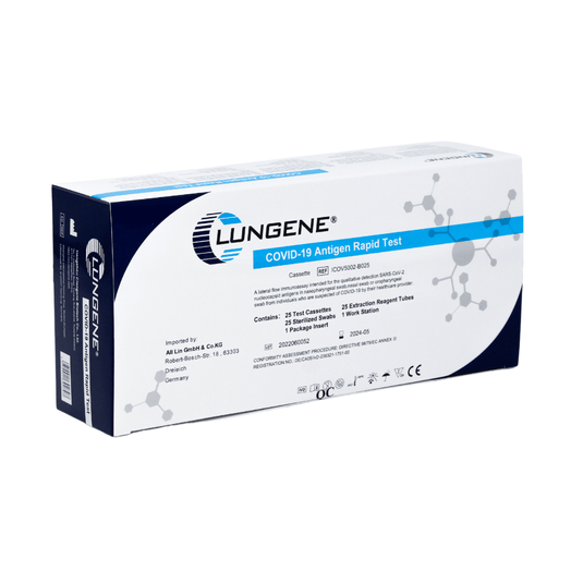 O cutie de teste rapide Clungene Antigen, 25 de bucăți, AT079/20, izolată pe un fundal alb, cu informații despre produs și logo-uri.