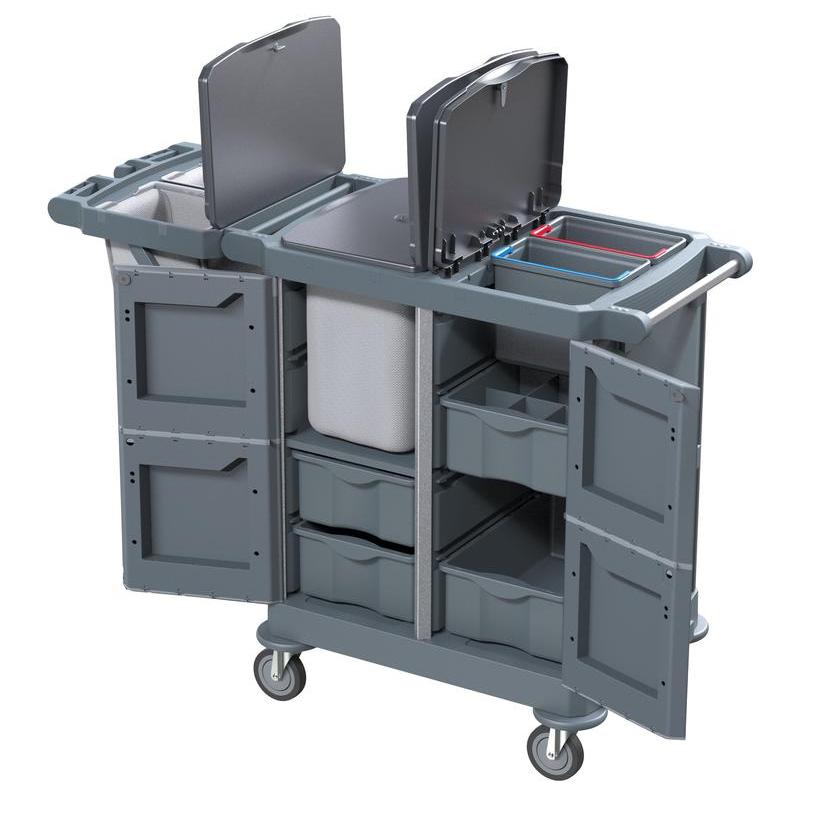 DI PROTECT TROLLEY GROSS de la Diversey Deutschland GmbH & Co. OHG este un cărucior mare, închis (1 bucată) cu mai multe rafturi, două containere cu capac, parte centrală pentru sac și patru roți pentru mobilitate sigură în timpul lucrărilor zilnice de curățenie.