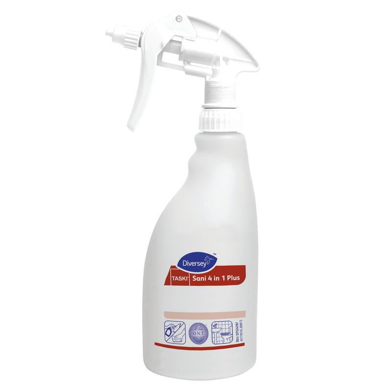Die weiße 500 ml Triggerspray-Flasche "Sani 4 in 1 Plus" von Diversey Deutschland GmbH & Co. OHG mit Schaumauslöser, blauem und rotem Design, Symbolen für Reinigung und Desinfektion und ist als Nachfüllflasche (1 Stück) erhältlich.