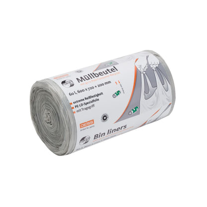 O rolă DEISS First Plus Pcr saci de gunoi 60 litri, 34045 cu mâner de la EMIL DEISS KG (GmbH + Co.) evidențiază în scris german dimensiunile și natura neutră din punct de vedere climatic. Eticheta cu un simbol de coș de gunoi conține text în engleză și germană. Acești saci de gunoi parțial derulați conțin un procent de 40% PCR și sunt destinați utilizatorilor conștienți de mediu.