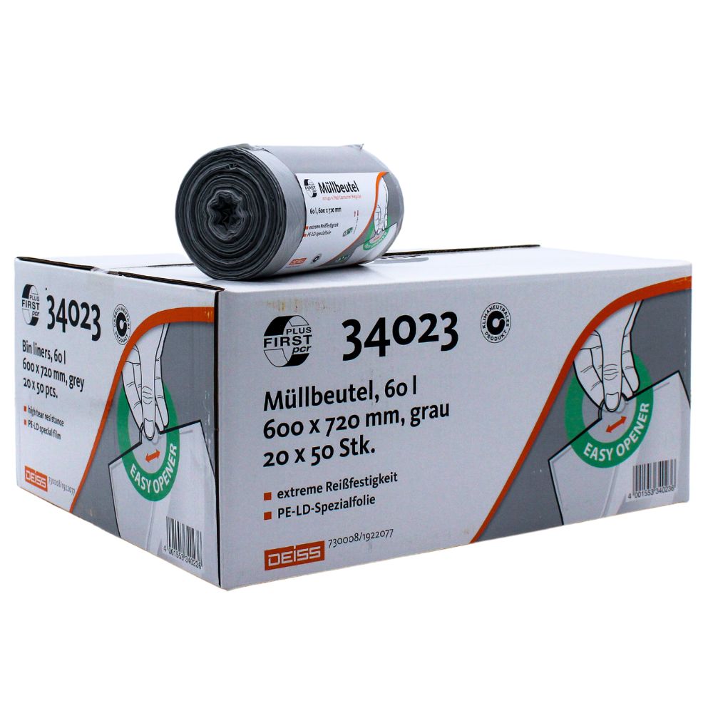 Pungile de gunoi DEISS First Plus Pcr de 60 litri (34042) de la EMIL DEISS KG (GmbH + Co.) sunt role gri din LDPE cu o capacitate de 60 litri și dimensiunile de 600 x 720 mm. Fiecare cutie conține 20 de pachete cu câte 50 de pungi. Ambalajul neutru din punct de vedere climatic are un design „Easy Opener” și se remarcă prin rezistență extremă la rupere.
