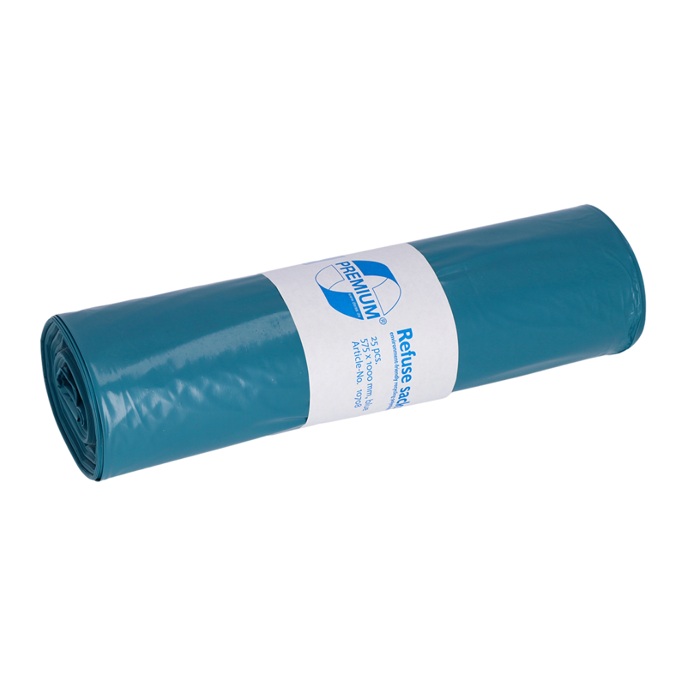 Pe un fundal simplu alb se află un rulou de saci de gunoi albaștri DEISS Premium din LDPE de la EMIL DEISS KG (GmbH + Co.), cu o etichetă albă care afișează logo-ul și evidențiază calitatea superioară a produsului.