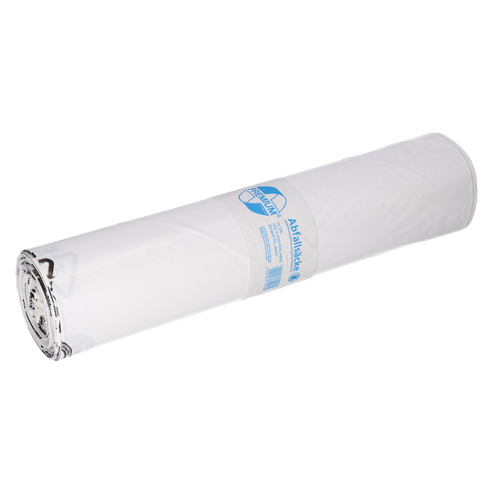 Un sac de gunoi din plastic alb rulat de EMIL DEISS KG (GmbH + Co.) cu o etichetă albastră pe care este ilustrat modelul DEISS 16001 - 700x1100 mm Tip 60. Eticheta își arată cu mândrie capacitatea de 120 de litri și subliniază angajamentul mărcii pentru utilizarea materialelor reciclate. Fiecare rolă conține 25 de bucăți.