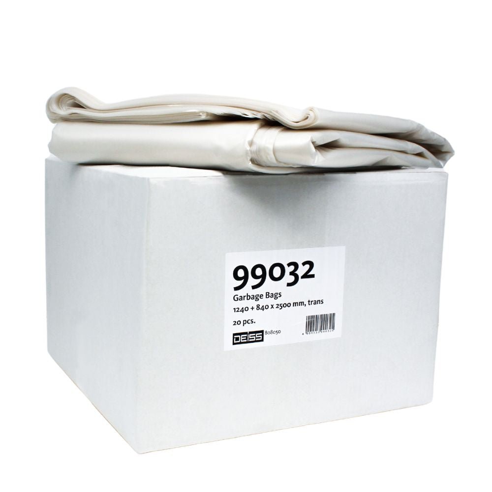 Într-o cutie albă cu inscripția „DEISS Wertstoffsammelsack 99032“ de la firma EMIL DEISS KG se află 20 de saci transparenți pentru colectarea deșeurilor din LDPE de dimensiunea 1240 x 840 x 3500 mm. Deasupra sunt două saci pliați.