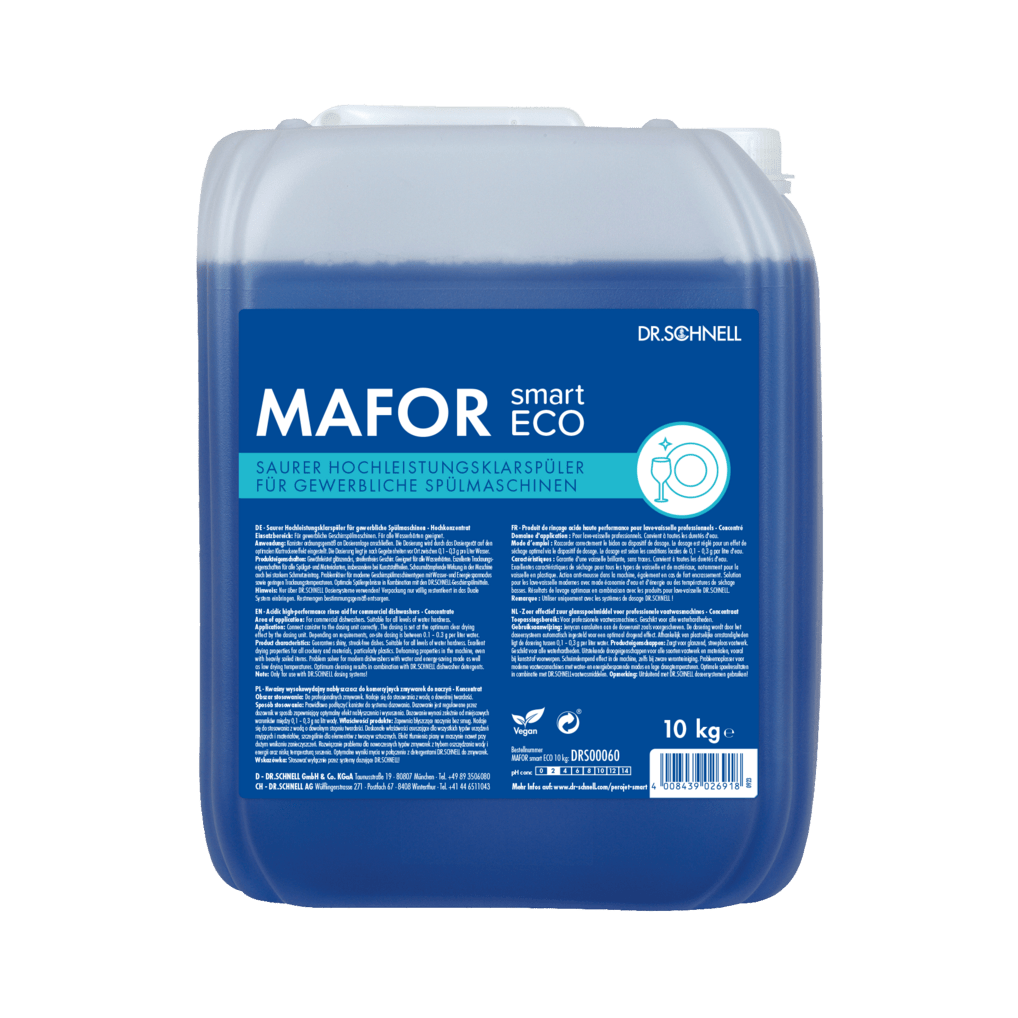 Un recipient de 10 kg Dr. Schnell MAFOR smart ECO de la DR.SCHNELL GmbH & Co. KGaA, un agent de clătire acid, albastru, ecologic pentru mașini de spălat vase comerciale, cu informații despre produs și instrucțiuni pe o etichetă albastră.