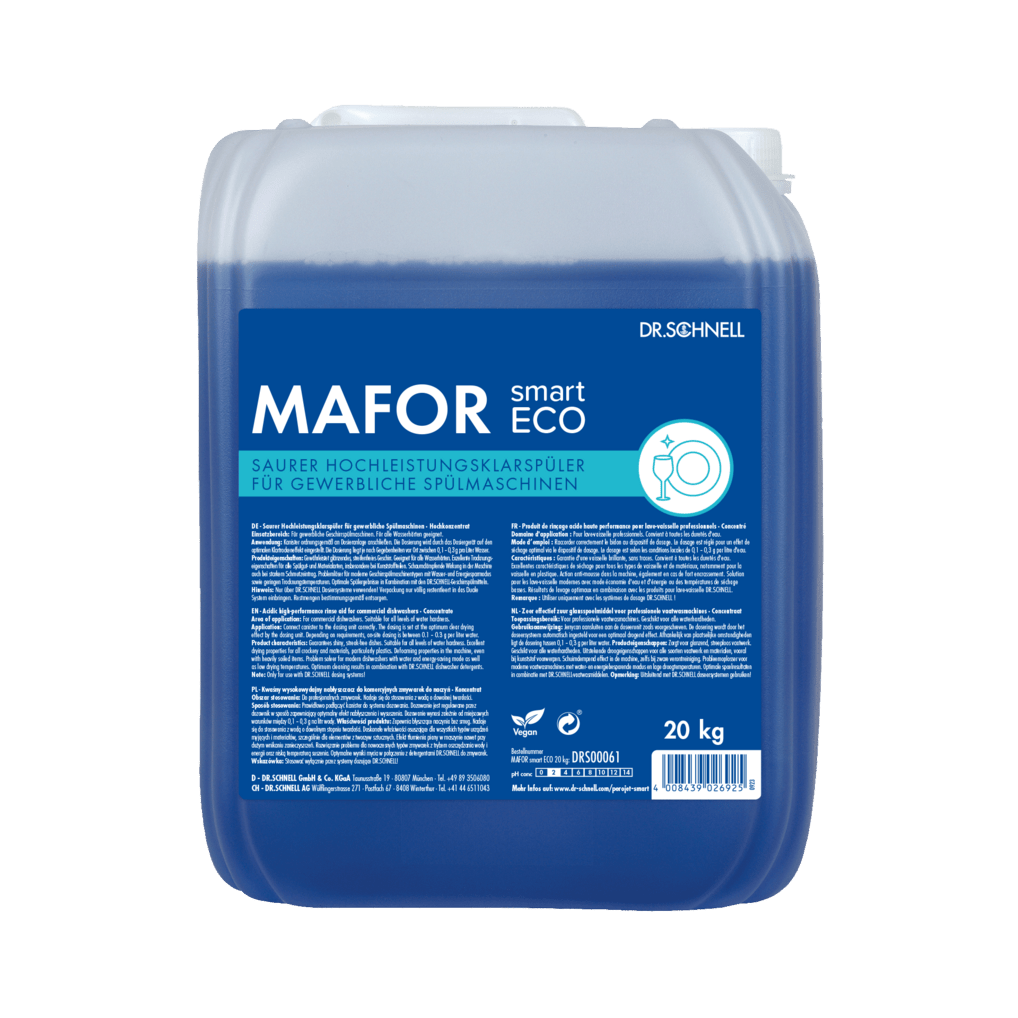 Un recipient de 20 kg Dr. Schnell MAFOR smart ECO de la DR.SCHNELL GmbH & Co. KGaA, un agent de clătire albastru ecologic pentru mașini de spălat vase comerciale, este prevăzut cu informații despre produs și instrucțiuni în limba germană pe eticheta albastră.