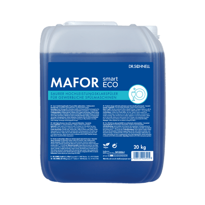 Un recipient de 20 kg Dr. Schnell MAFOR smart ECO de la DR.SCHNELL GmbH & Co. KGaA, un agent de clătire albastru ecologic pentru mașini de spălat vase comerciale, este prevăzut cu informații despre produs și instrucțiuni în limba germană pe eticheta albastră.