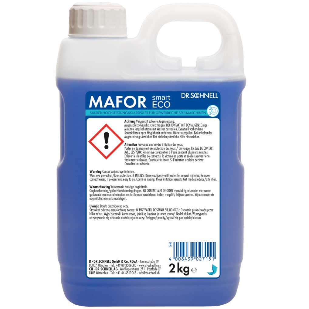 Un recipient de plastic de 2 kg Dr. Schnell MAFOR smart ECO de la DR.SCHNELL GmbH & Co. KGaA, cu lichid albastru, un mâner, etichetă de avertizare și simbol de pericol pe partea din față.