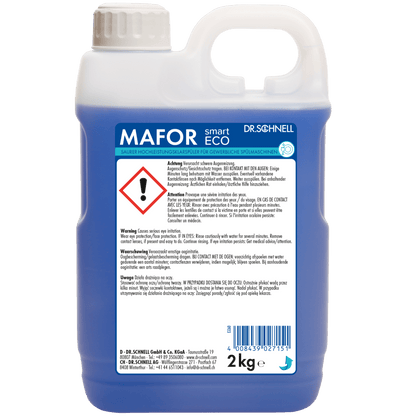 Un recipient de plastic de 2 kg Dr. Schnell MAFOR smart ECO de la DR.SCHNELL GmbH & Co. KGaA, cu lichid albastru, un mâner, etichetă de avertizare și simbol de pericol pe partea din față.