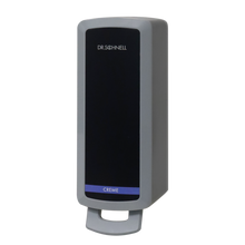 Der Dr. Schnell Spender V10N von DR.SCHNELL GmbH & Co. KGaA ist ein grauer, rechteckiger Wandspender mit schwarzer Front und blauem "Creme"-Streifen, ideal für die hygienische Anwendung von Reinigungs- und Desinfektionsmitteln.