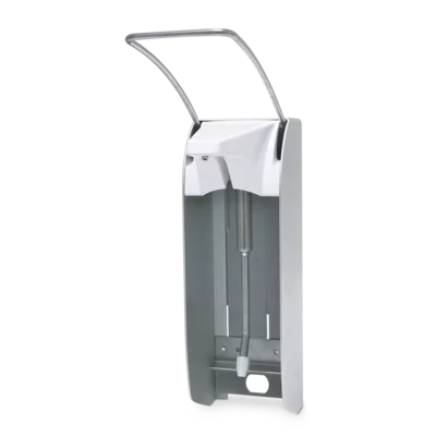 Der Dr. Schumacher Wandspender AK 500 Plus lang ist ein wandmontierter Spender aus Edelstahl mit einem oberen Hebel zur Bedienung mit dem Ellenbogen und einem leeren Fach für Ihre Desinfektionsmittelflasche.