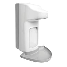 Dispenserul din plastic fără atingere Dr. Schumacher de 500 ml de la Dr. Schumacher GmbH este un dispenser alb, controlat de senzor, cu un design vertical și un recipient inferior pentru colectarea apei, ilustrat pe un fundal alb simplu.