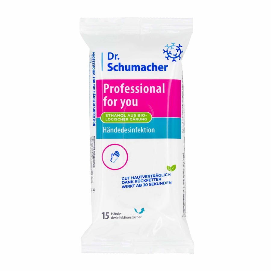 Eine Packung Dr. Schumacher GmbH Professional for you Händedesinfektionstücher, mit deutschem Text auf weißer Verpackung und blau/rosa Akzenten. Enthält 15 viruzide, hautfreundliche Tücher.