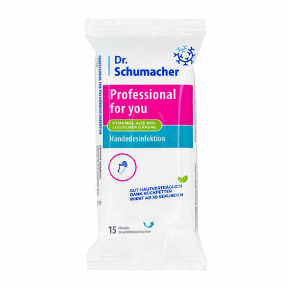 Eine Packung Dr. Schumacher GmbH Professional for you Händedesinfektionstücher, mit deutschem Text auf weißer Verpackung und blau/rosa Akzenten. Enthält 15 viruzide, hautfreundliche Tücher.