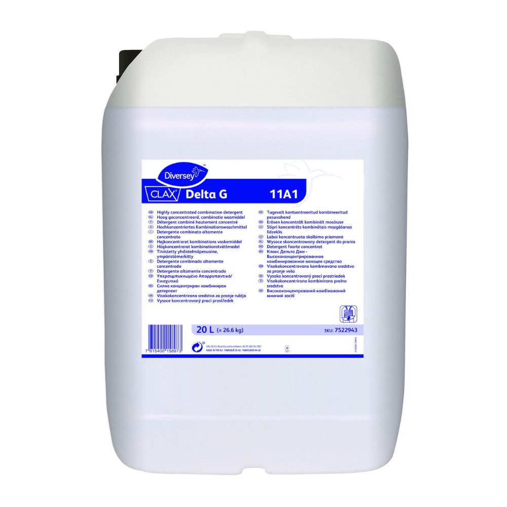 Un recipient de 20 de litri Clax Delta G 11A1, un detergent combinat foarte concentrat pentru rufe colorate de la Diversey Deutschland GmbH & Co. OHG. Eticheta concepută pentru spălătorii profesionale conține instrucțiuni și informații de siguranță în mai multe limbi. Recipientul este alb cu text albastru și violet.