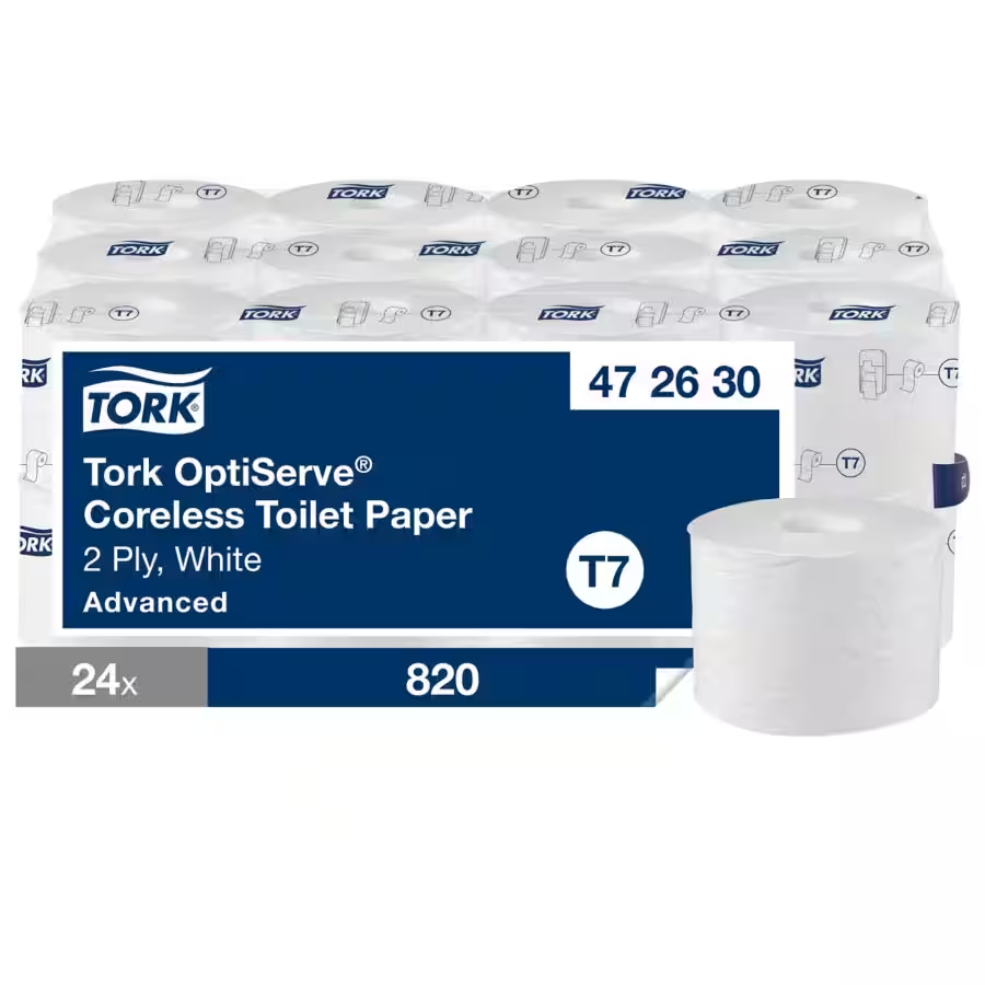 Hârtie igienică Tork OptiServe fără miez, 2 straturi, albă, sistem T7, 24 role de 820 de coli