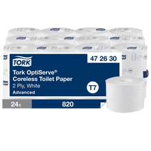 Hârtie igienică Tork OptiServe fără miez, 2 straturi, albă, sistem T7, 24 role de 820 de coli