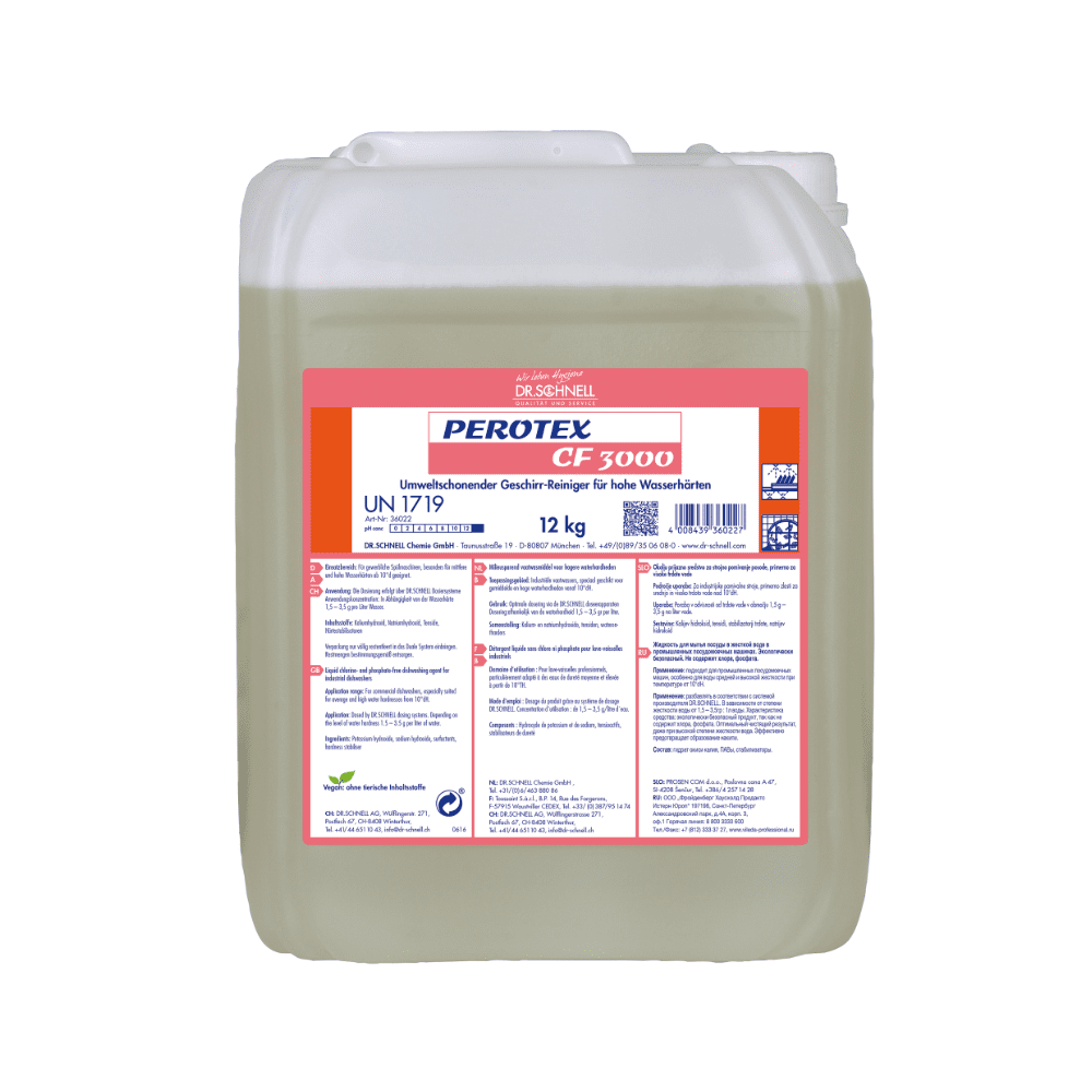 Un recipient din plastic transparent de 12 kg cu mâner, umplut cu Dr. Schnell detergent de vase Perotex CF 3000 de la DR.SCHNELL GmbH & Co. KGaA. Eticheta alb-roșie arată informații despre produs și instrucțiuni de utilizare pentru apă dură în albastru.