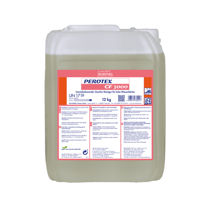 Un recipient din plastic transparent de 12 kg cu mâner, umplut cu Dr. Schnell detergent de vase Perotex CF 3000 de la DR.SCHNELL GmbH & Co. KGaA. Eticheta alb-roșie arată informații despre produs și instrucțiuni de utilizare pentru apă dură în albastru.