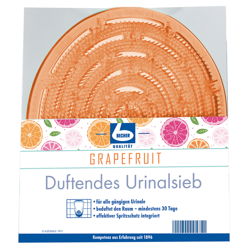 Sita de urinal parfumată cu aromă de grapefruit de la Dr. Becher GmbH cu un covoraș rotund, portocaliu, vizibil printr-o față transparentă. Eticheta conține ilustrații de fructe și un text în germană care descrie