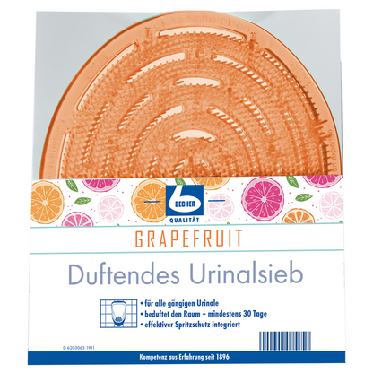 Sita de urinal parfumată cu aromă de grapefruit de la Dr. Becher GmbH cu un covoraș rotund, portocaliu, vizibil printr-o față transparentă. Eticheta conține ilustrații de fructe și un text în germană care descrie