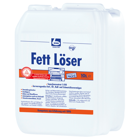 Canistră din plastic albă cu inscripția „Dr. Becher „Solvent pentru grăsimi”, informații despre produs și logo-uri în albastru și roșu. Capacitate indicată: 10 litri. Instrucțiuni de siguranță și de utilizare.