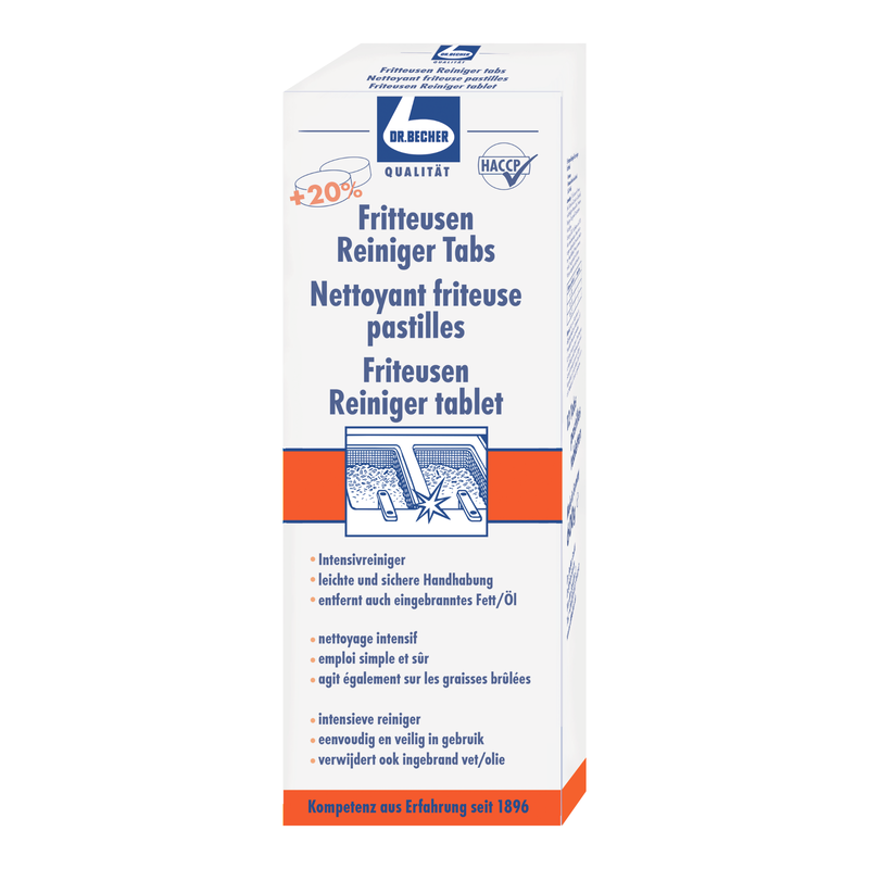 O cutie Dr. Becher de tablete de curățare pentru friteuze, pentru curățarea friteuzelor, cu informații în germană care arată o cantitate cu 20% mai mare. Ambalajul este alb și albastru și poartă un text al Dr. Becher GmbH.