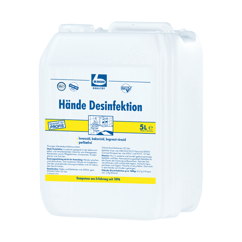 Bidon alb de plastic de 5 litri cu inscripția „Dr. Becher Dezinfectare mâini” și branding albastru și galben, inclusiv text și simboluri care evidențiază proprietățile virucide ale dezinfectantului de mâini al Dr. Becher GmbH.