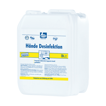 Bidon alb de plastic de 5 litri cu inscripția „Dr. Becher Dezinfectare mâini” și branding albastru și galben, inclusiv text și simboluri care evidențiază proprietățile virucide ale dezinfectantului de mâini al Dr. Becher GmbH.