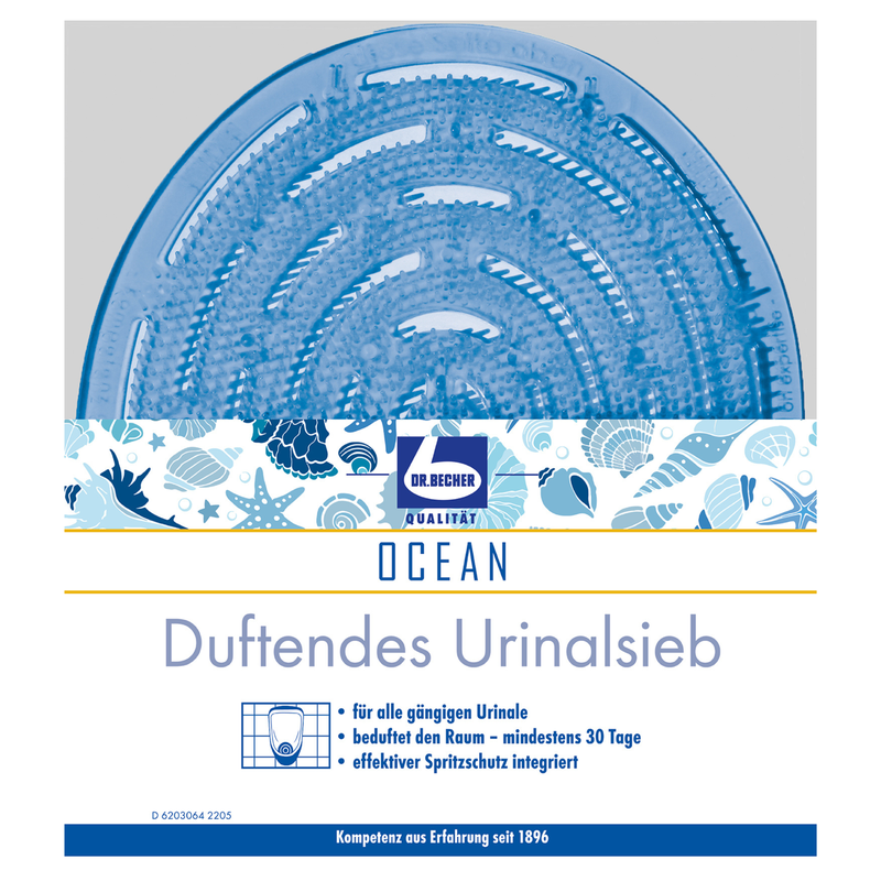 O sită de urinal rotundă, albastră Dr. Becher parfumată, cu motiv marin, model de pești și valuri, inscripția „Ocean” și un text în germană care laudă eficacitatea timp de 30 de zile. Logo-ul „Dr. Becher GmbH” este, de asemenea, vizibil pe sita de urinal.