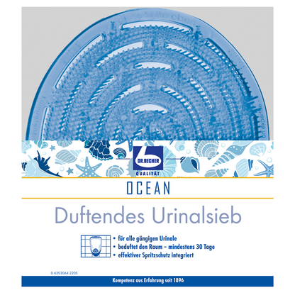 O sită de urinal rotundă, albastră Dr. Becher parfumată, cu motiv marin, model de pești și valuri, inscripția „Ocean” și un text în germană care laudă eficacitatea timp de 30 de zile. Logo-ul „Dr. Becher GmbH” este, de asemenea, vizibil pe sita de urinal.
