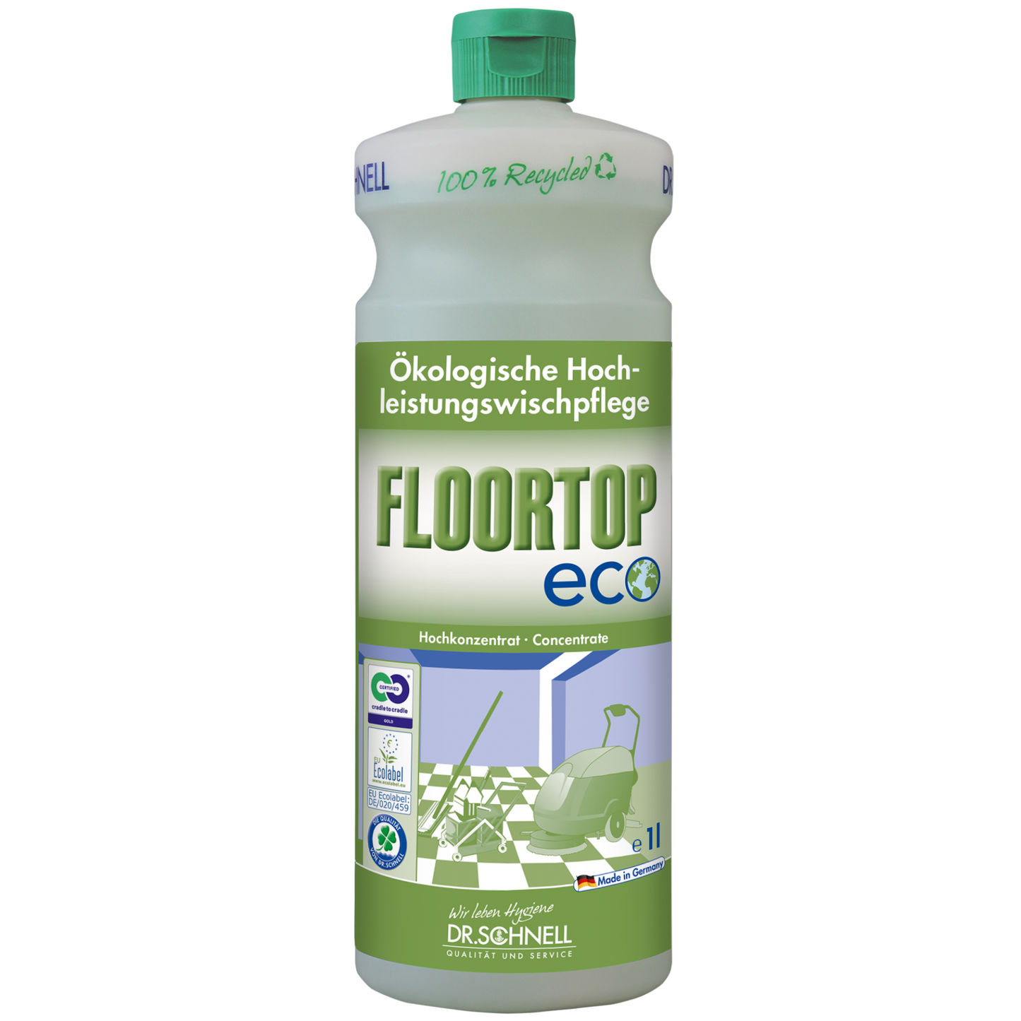 O sticlă Dr. Schnell Floortop Eco Concentrat de detergent pentru podea de la DR.SCHNELL GmbH & Co. KGaA, un detergent ecologic, foarte eficient pentru podele rezistente la apă, cu capac/etichetă verde și simboluri de reciclare; fabricat din 100% material reciclat.