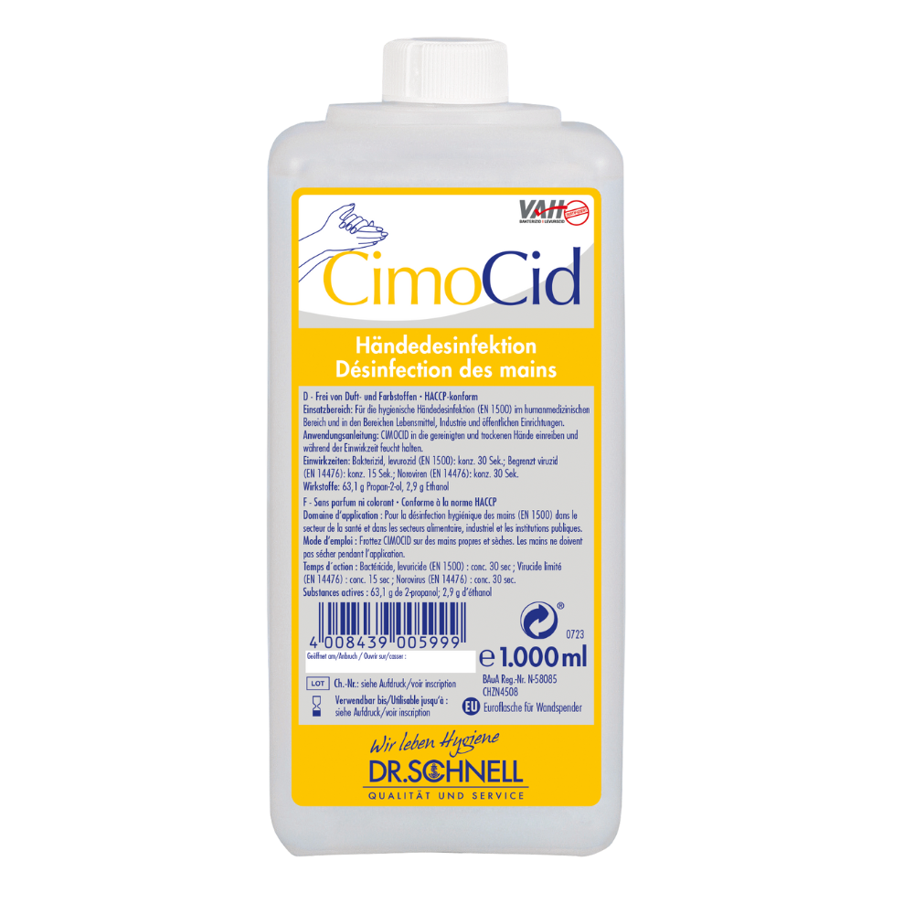 Dezinfectantul pentru mâini alcoolic Dr. Schnell CIMOCID de la DR.SCHNELL GmbH & Co. KGaA este disponibil într-o sticlă de 1000 ml cu etichetă galbenă pe care sunt ilustrate numele mărcii și un simbol al mâinii. Conține instrucțiuni clare în limba germană și franceză pentru o igienă eficientă a mâinilor.