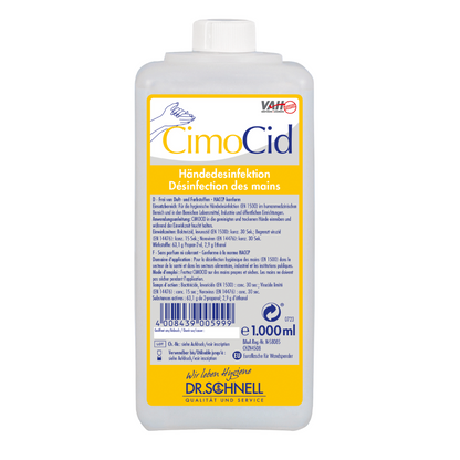 Dezinfectantul pentru mâini alcoolic Dr. Schnell CIMOCID de la DR.SCHNELL GmbH & Co. KGaA este disponibil într-o sticlă de 1000 ml cu etichetă galbenă pe care sunt ilustrate numele mărcii și un simbol al mâinii. Conține instrucțiuni clare în limba germană și franceză pentru o igienă eficientă a mâinilor.