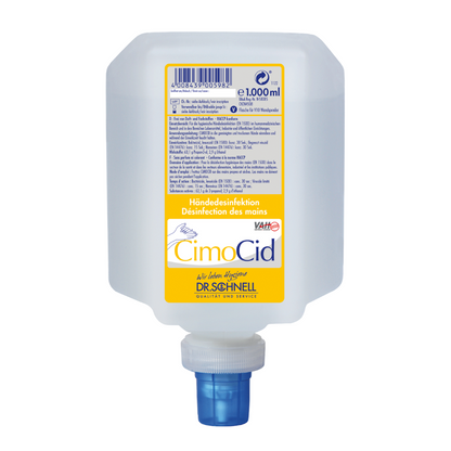 O sticlă dreptunghiulară, din plastic translucid, de la DR.SCHNELL GmbH & Co. KGaA cu inscripția „Dr. Schnell CIMOCID Dezinfectant pentru mâini alcoolic” și un capac albastru la bază conține 1000 ml de dezinfectant pentru mâini. Eticheta conține instrucțiuni multilingve și informații despre produs pentru dezinfectarea igienică.