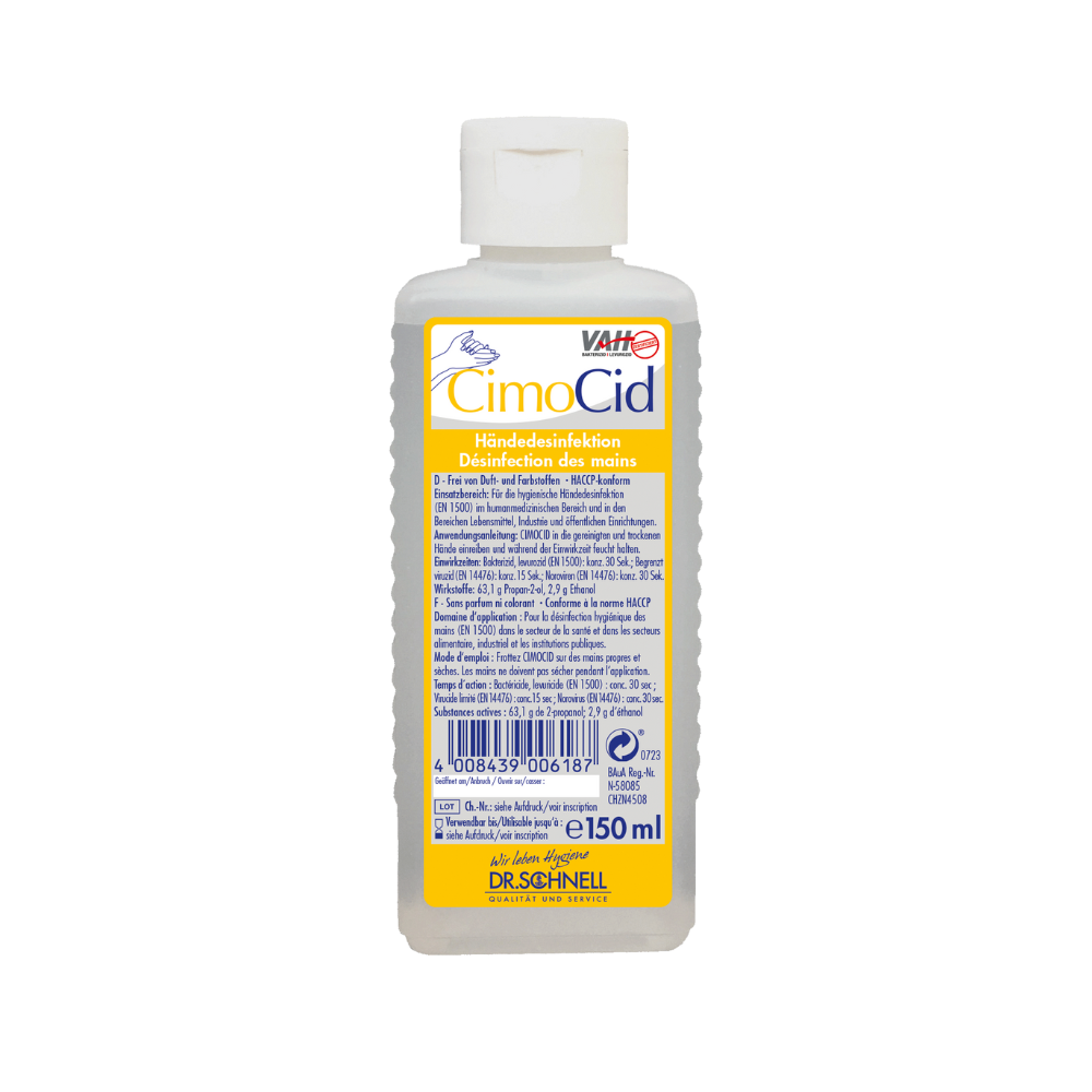 Dezinfectantul pentru mâini alcoolic Dr. Schnell CIMOCID în sticla de 150 ml de la DR.SCHNELL GmbH & Co. KGaA este prevăzut cu o etichetă galbenă cu text multilingv și cod de bare. Capac alb cu clapetă permite un acces ușor și asigură o dezinfectare eficientă a mâinilor.
