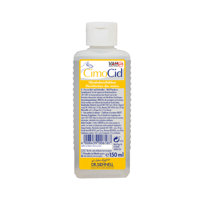 Dezinfectantul pentru mâini alcoolic Dr. Schnell CIMOCID în sticla de 150 ml de la DR.SCHNELL GmbH & Co. KGaA este prevăzut cu o etichetă galbenă cu text multilingv și cod de bare. Capac alb cu clapetă permite un acces ușor și asigură o dezinfectare eficientă a mâinilor.