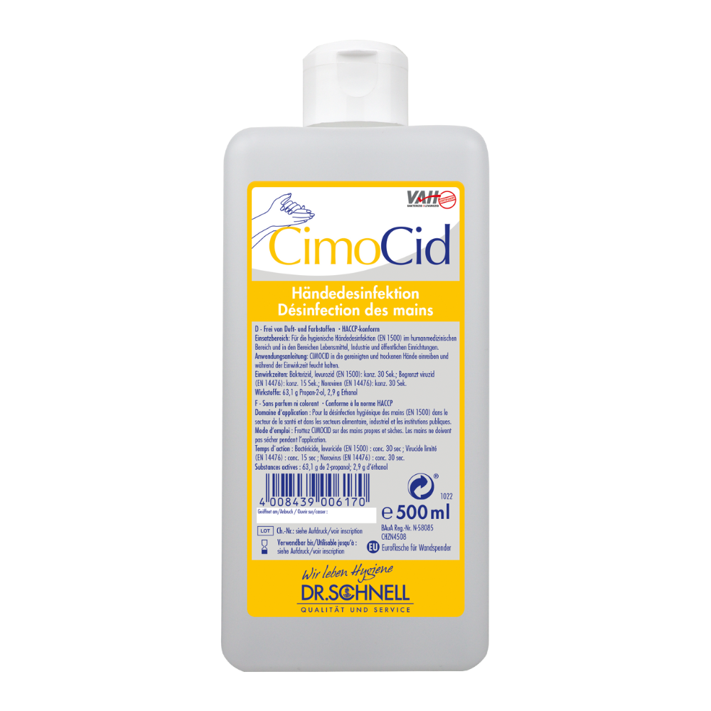 O sticlă de 500 ml Dr. Schnell CIMOCID Dezinfectant pentru mâini alcoolic este prevăzută cu o etichetă galbenă cu text în germană și franceză, care conține instrucțiuni pentru dezinfectarea igienică a mâinilor. Sticla este echipată cu un capac alb cu clapetă și are în colțul din stânga jos un cod de bare pentru accesul convenabil la detaliile produsului, fabricat de DR.SCHNELL GmbH & Co. KGaA.