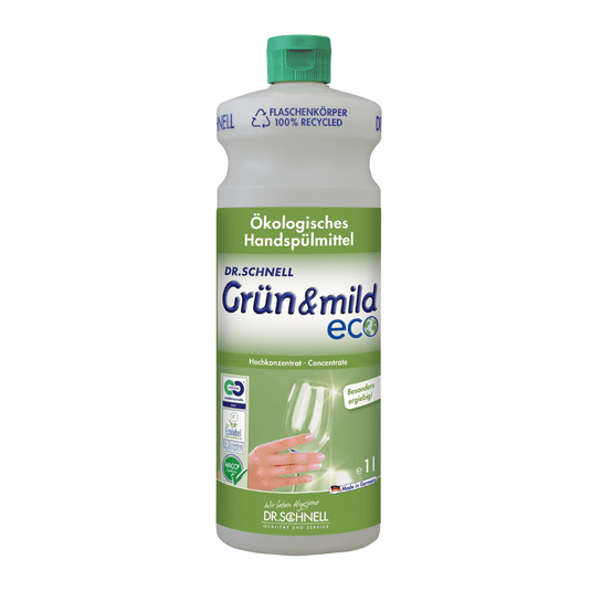 Dr. Schnell GRÜN & MILD ECO, un detergent ecologic pentru spălatul vaselor cu mâna, cu randament ridicat, este disponibil într-o sticlă de plastic alb-verde. Eticheta prezintă o mână care spală un pahar de vin și un text în limba germană care subliniază avantajele ecologice și proprietățile blânde pentru piele. Sticla, fabricată de DR.SCHNELL GmbH & Co. KGaA, are un dop verde cu certificat HACCP.