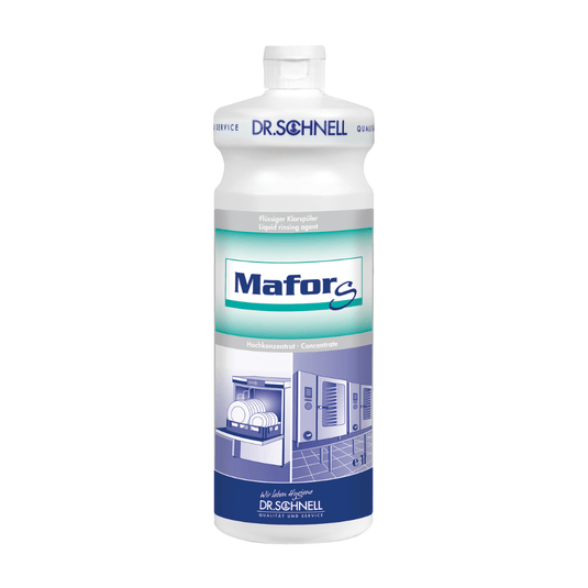 Acesta Dr. Schnell MAFOR S, agentul de lustruire acid pentru mașinile de spălat vase industriale, este comercializat de DR.SCHNELL GmbH & Co. KGaA într-o sticlă albă, care poartă pe fund o etichetă albastru-verde cu o ilustrație reprezentând o mașină de spălat vase. Acest produs foarte concentrat este certificat cu marca ecologică a UE.