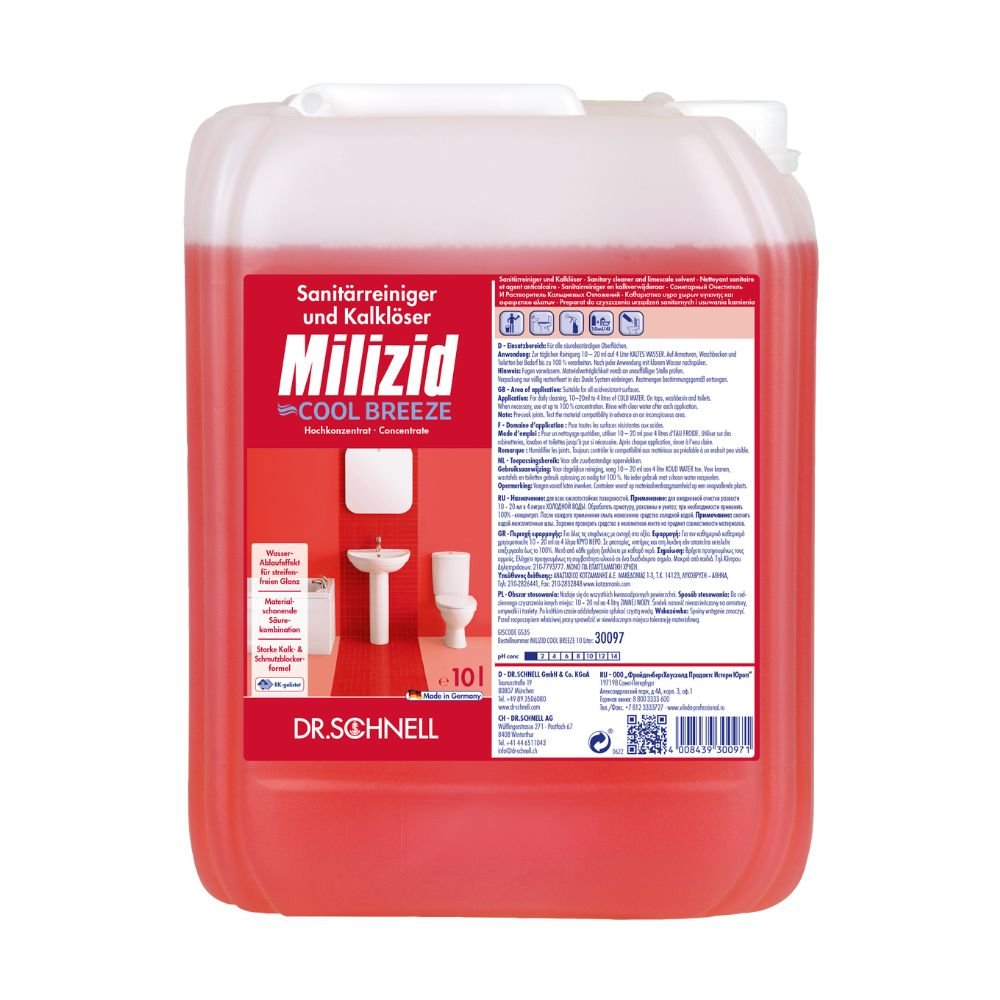 Un recipient roșu de 10 litri cu Dr. Schnell Milizid Cool Breeze Detergent sanitar și dizolvant de calcar de la DR.SCHNELL GmbH & Co. KGaA, conceput pentru curățarea dezodorizantă cu proprietăți de detergent sanitar și dizolvant de calcar. Eticheta frontală conține imagini ale unei toalete și ale unor plăci, precum și detalii despre produs și text în limba germană.